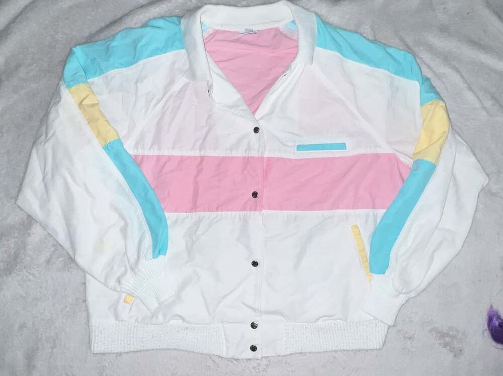 Bay Club Jacket Size 8 White Pink Blue Vintage 80s Pastel Colorblock